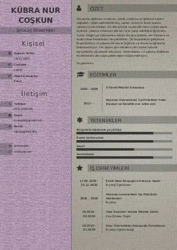 Biyoloji Öğretmeni CV Örnekleri cv indir